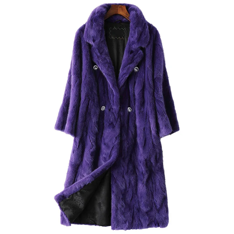 

Winter Women Natural Color Mink Fur Jacket Thick Warm Fur Turn-down Collar Women Clothes New Soft Mink Fur Purple Long Coat