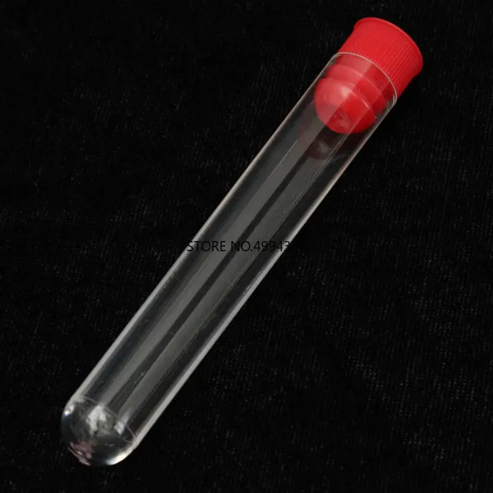 

100pcs 12x100mm Clear Plastic test tubes with blue/red stopper push cap for kind experiments and tests