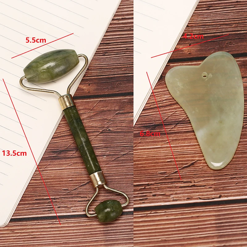 

2pcs/Set Health Care Relaxation Women Natural Jade Guasha Facial Face Thin Roller+Body Guasha Board Massager Stone Tool