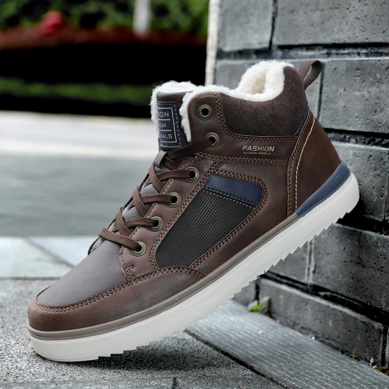 

Men's Leather High-Top Shoes Winter Plus Fleece Sneakers Outdoor Non-Slip Keep Warm Snow Boots Comfortable Men Cotton Shoes