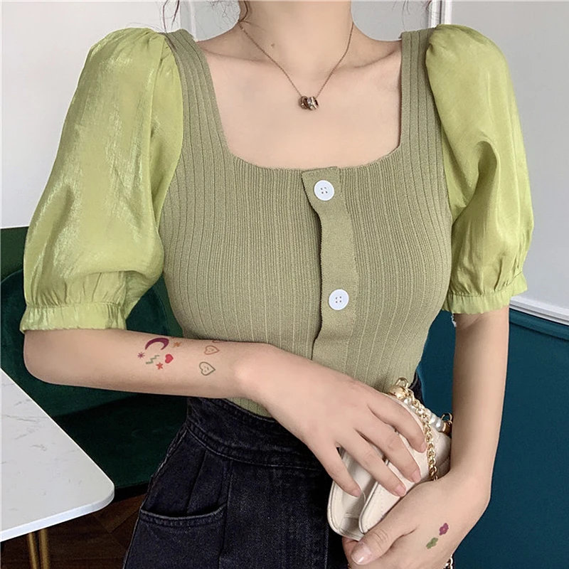 

Vintage Kawaii Knitted Blouse Women Summer Puff Sleeve Patchwork Blouses Crop Tops Korean Fake Two Piece Shirts blouses femme