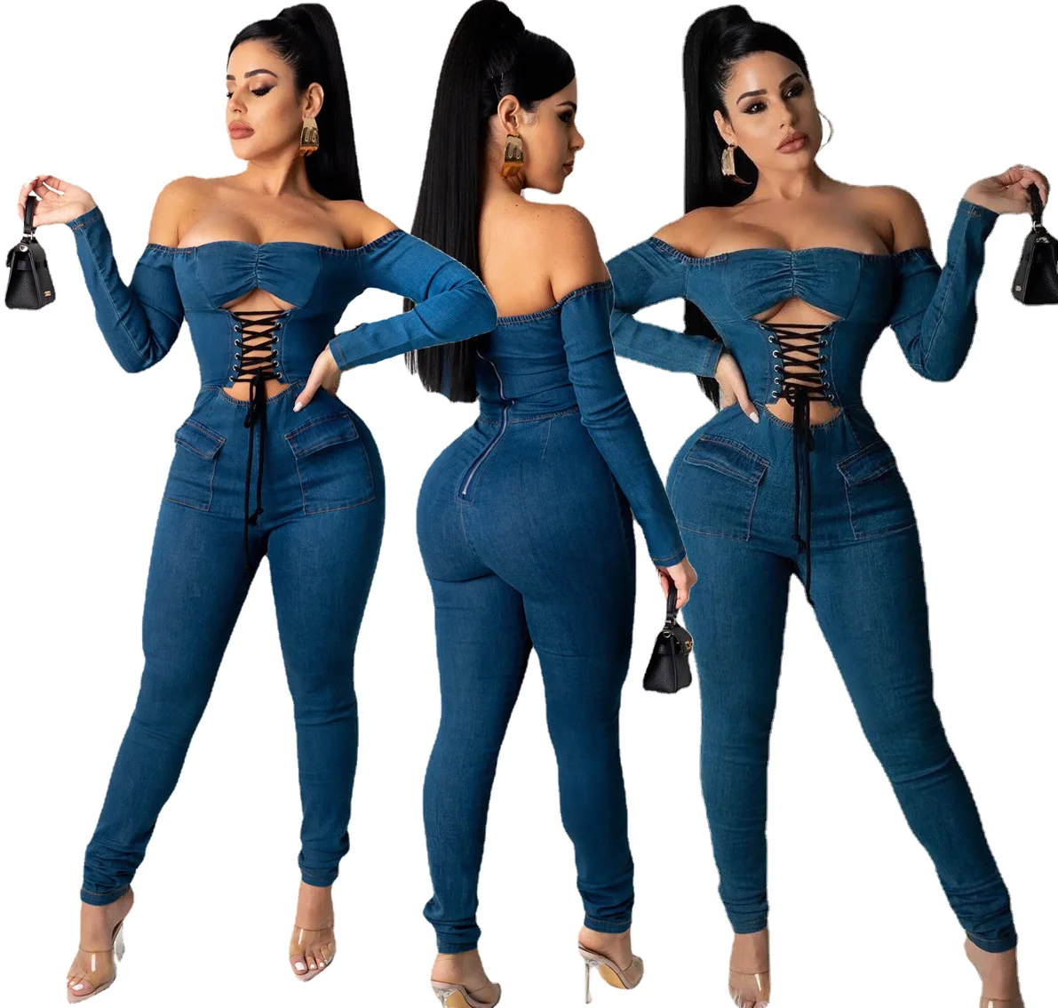 

2021 Hot Sale One-Shoulder Eyelet Straps Sexy Denim Jumpsuit Two-Piece Summer Fashion Women's Clothing