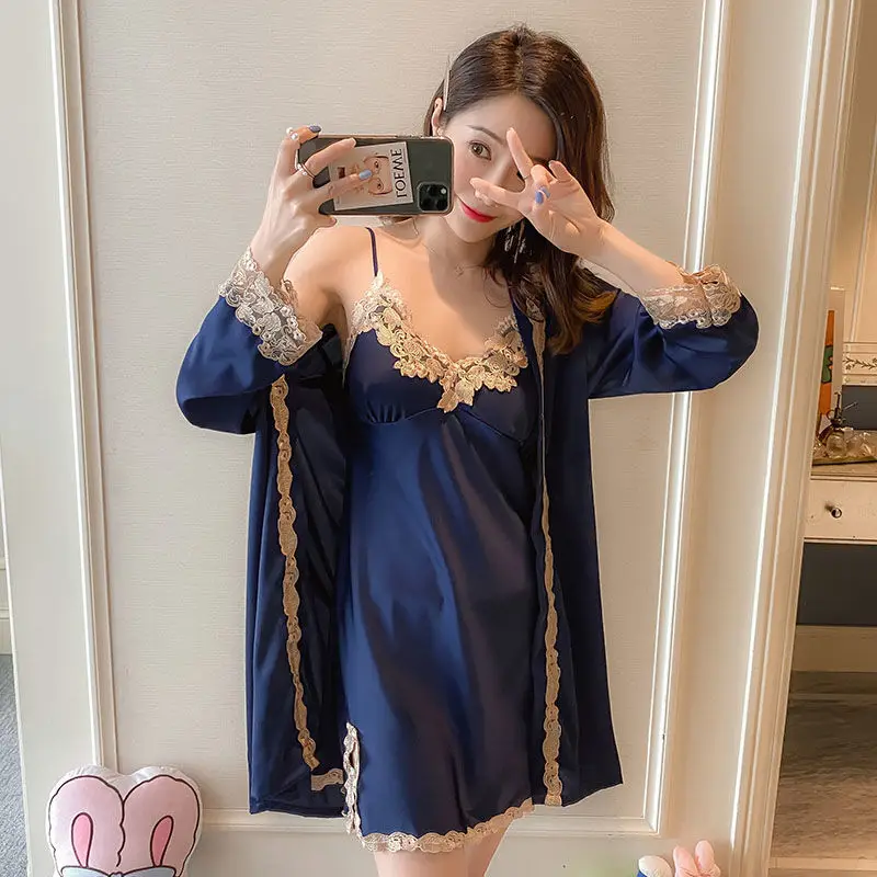 2021 Summer New Long Sleeve Robe Women's Sexy Lace Solid Color Suspender Skirt Two Piece Ice Thin Home Clothes Robe Sets