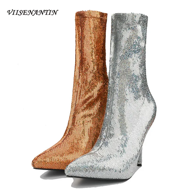 

Европейские американские короткие сапоги большого размера на очень высоком каблуке с острым носком и эластичными чулками женские пикантны...