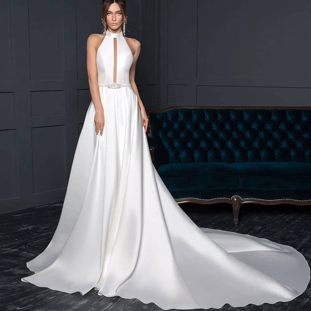 

Трапециевидные свадебные платья, сексуальные с бантом, с лямкой на шее, с открытой спиной, драпированные, Роскошные, с бисером, без рукавов, н...