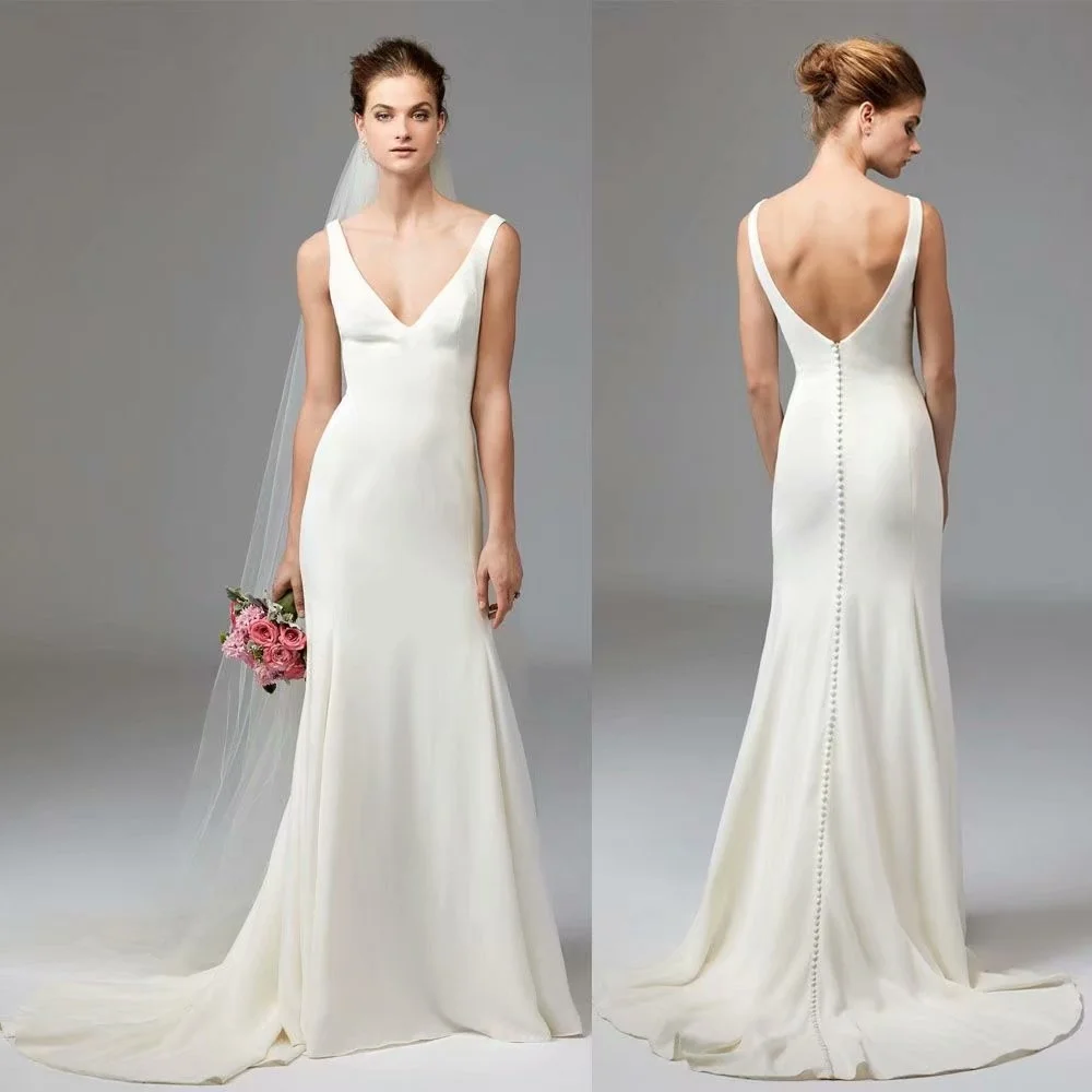 

2021 New Sexy V-neck Open Back Fishtail Slim Princess Wedding Dress Off White Belt Wedding Dress