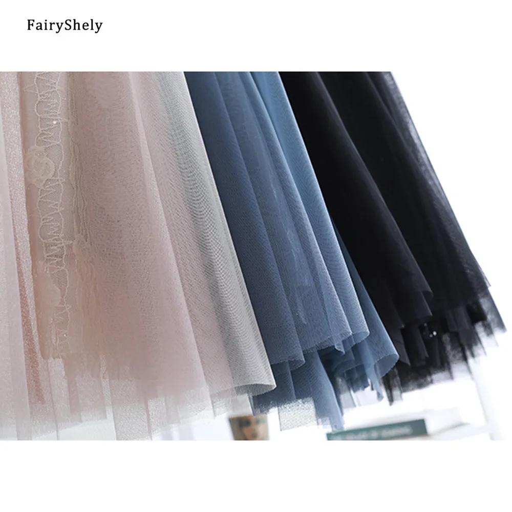 

FairyShely 2021 Summer Korean Elegant Gauze Ballet Midi Skirt Women High Waist Elastic Band Flowers Pleated Tulle Veil Skirts
