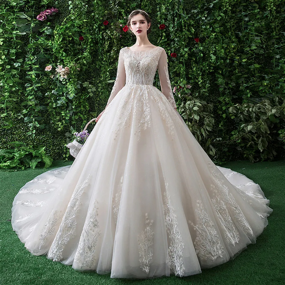 

Luxury Lace Wedding Dresses 2020 Long Sleeves Appliques Ball Gown Lace-up Back Capel Train Bride Gowns Vestido De Noiva