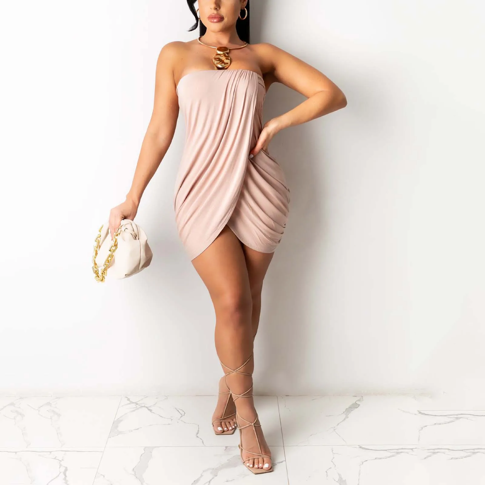

Strapless Summer Mini Dress For Women Wrapped Chest Sexy Wave Fold Stitching Dresses Elegant Sexy Party Clubwear Vestidos Female