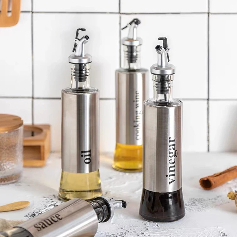 

Glass Oil Pot Sauce Dispenser Seasoning Bottle Oil Stainless Steel Olive Oil Soy Sauce Cruet Jar Set Kitchen Storage Tools