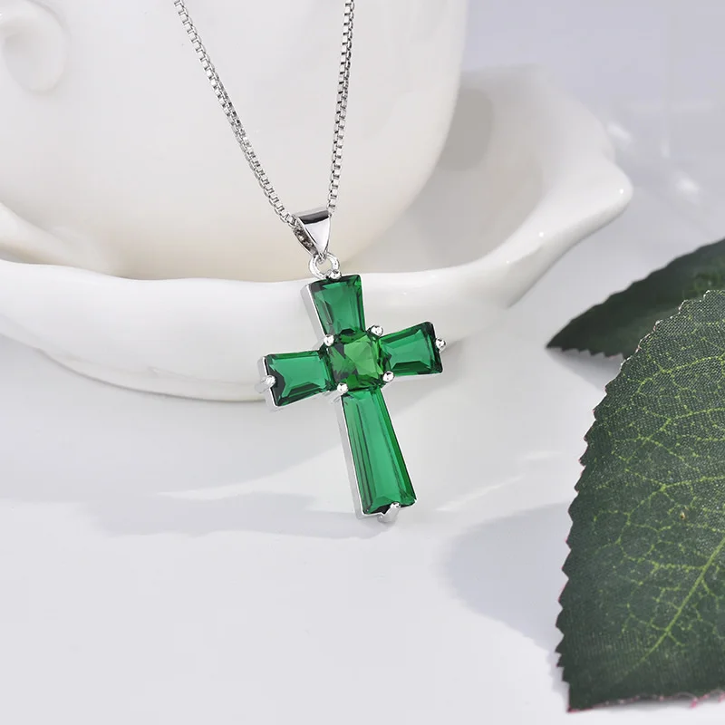 

ROLILASON Caibao women's jewelry cross Beryl Emerald Pendant luxury irregular Zircon Necklace ln706