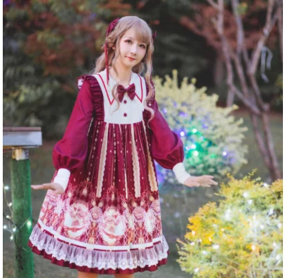 

kawaii girl gothic lolita op loli cos Sweet princess lolita dress vintage lace bowknot cute printing high waist victorian dress