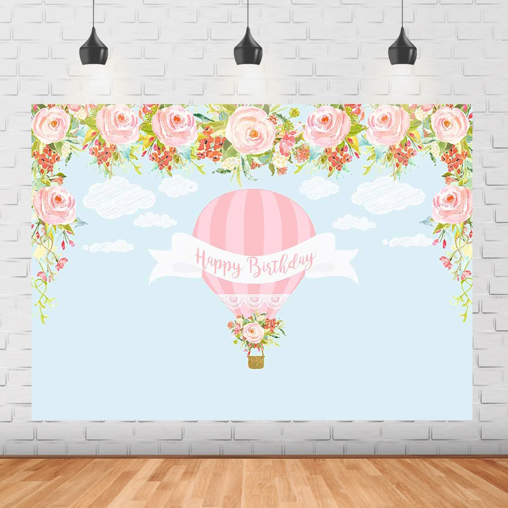 

Воздушный шар День рождения фон розовый цветочный синий небо для девочек День Рождения фотография фон Baby Shower дети портрет баннер