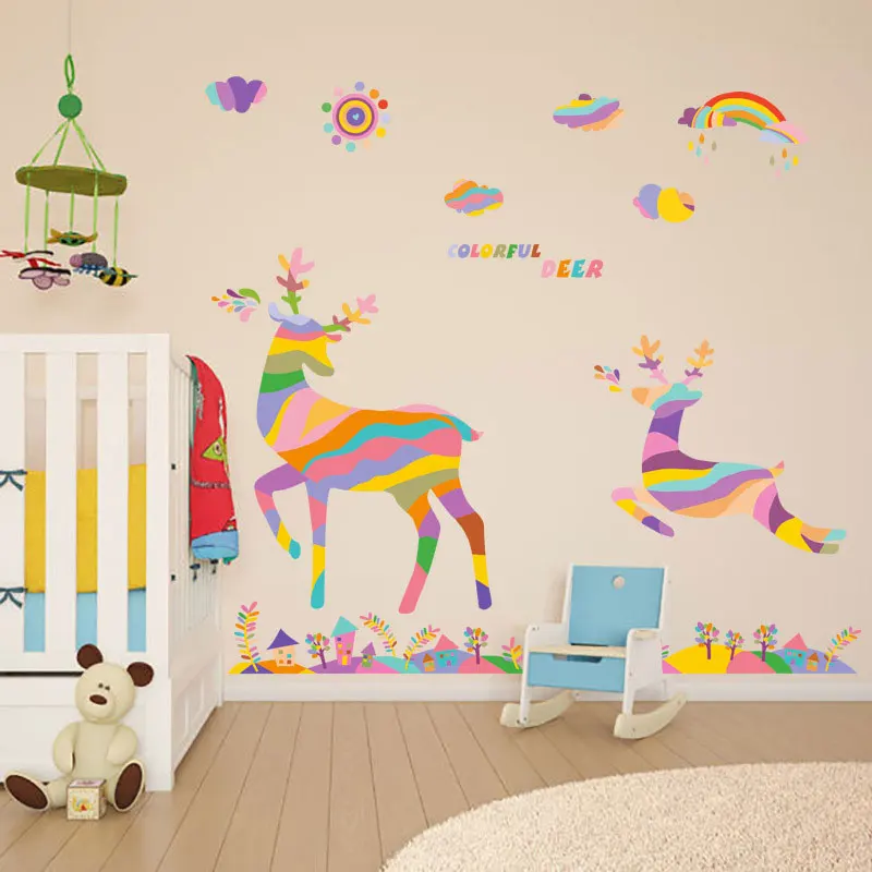 Красочные радужные Мультяшные наклейки на стену с прыжками и оленем лес для