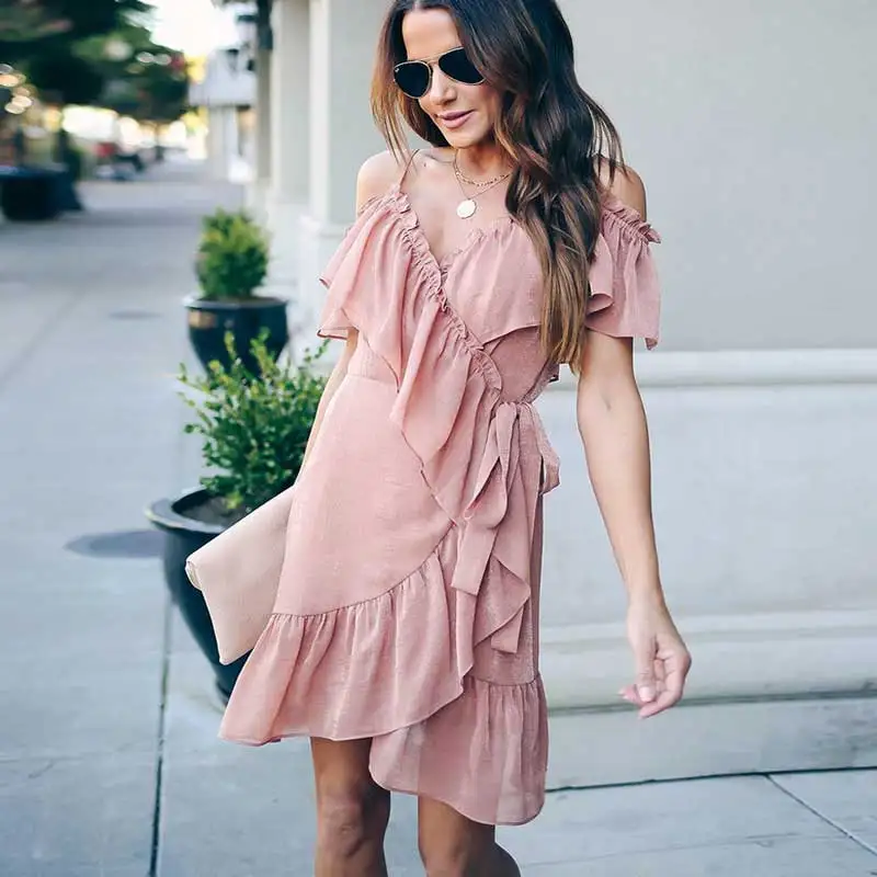 Богемный Вдохновленный розовое платье с оборками женское v образным вырезом без рукавов элегантное на