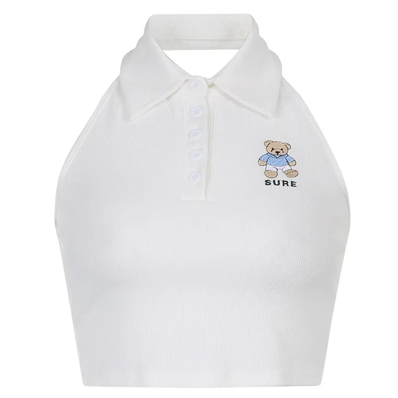 

Women's new lapel bear embroidery neck halter vest top women 2021