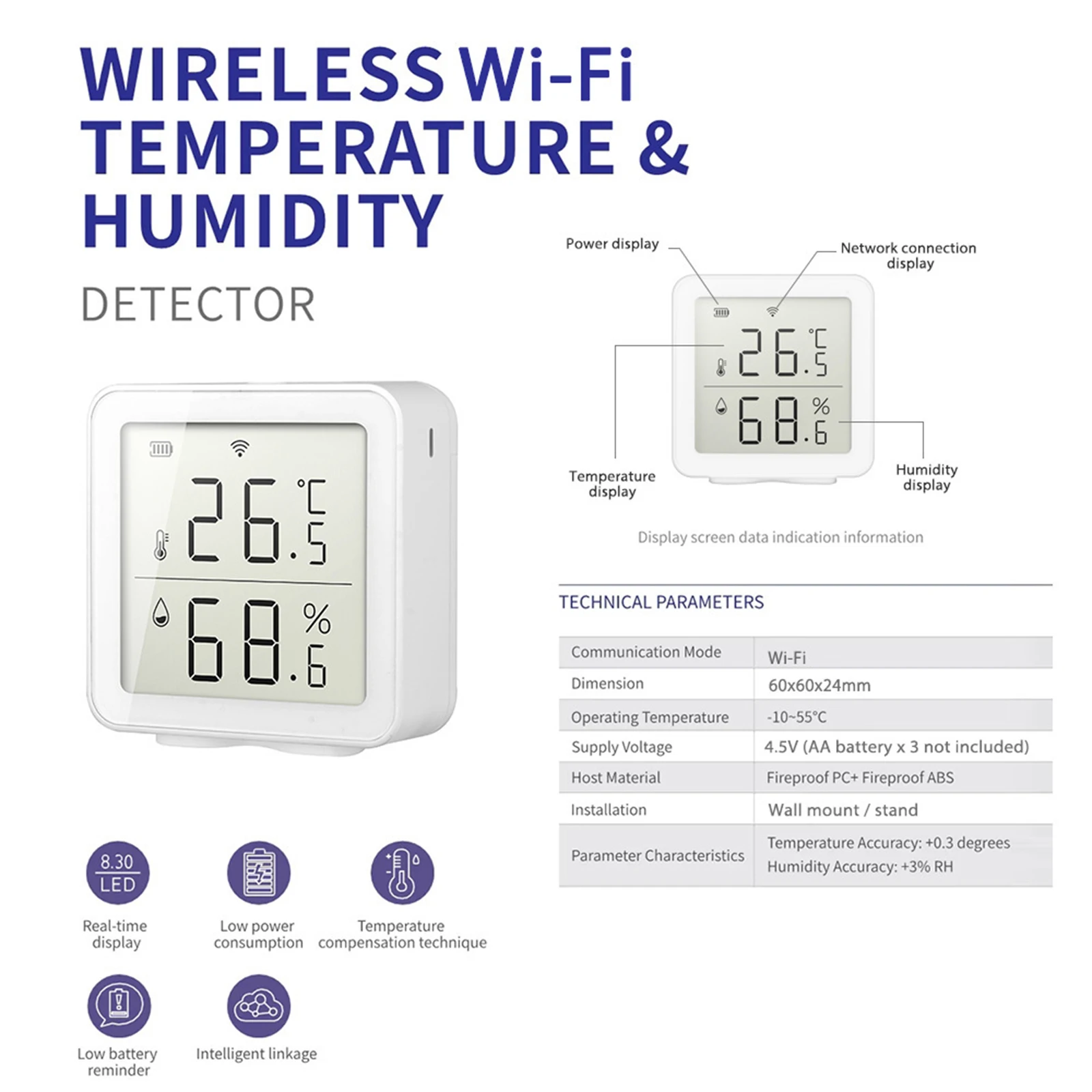 

Smart Home Indoor Smart Linkage With Air Conditioner And Alarm WiFi WIFI Smart Temperature And Humidity Sensor