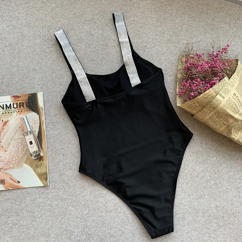 

Pure Black One Piece Swimsuit Bandage Bikini Solid Color Women's Backless Bikini Sexy Swim Suits Push Up Bathing Suit Swimwear