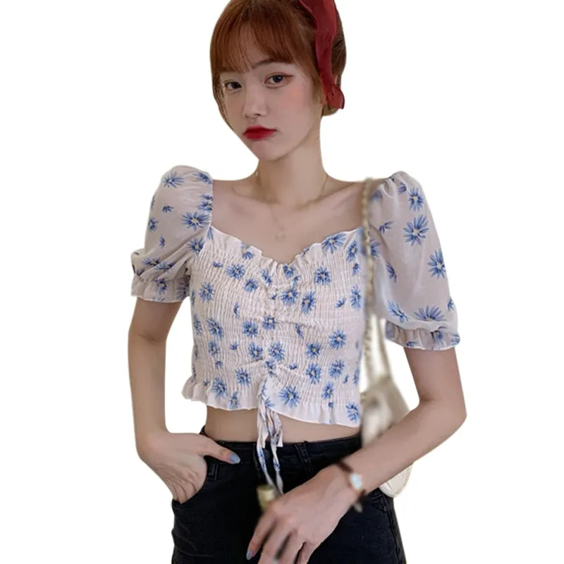 

Summer Korean Style Floral Print Blouse Women Square Collar Long Sleeves Blouse Pleated Chiffon Tops New
