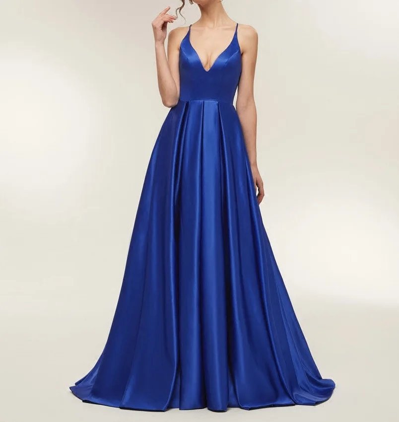 

Women's long evening dress plus size V neck satin formal prom event dress grey blue cocktail wedding party dress