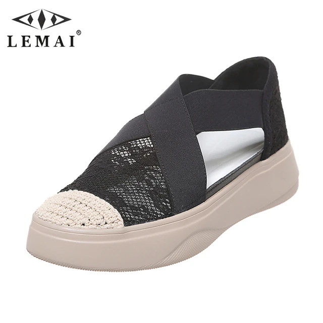 

LEMAI Women Summer Lace Casual Mesh Shoes Soild Color Breathable Daily Sandals Roune Toe Loafers Outdoor Sports Slip on Shoes