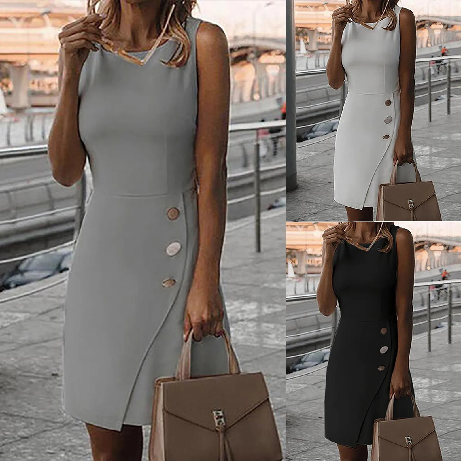 

Women Fashion Summer Sleeveless Dresses Ladies Plus Size Casual Solid O-Neck Knee-Length Women's Dress платье летнее женское