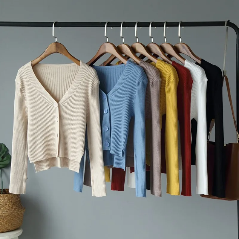 Однотонный тонкий прилегающий вязаный кардиган с v-образным вырезом Женские