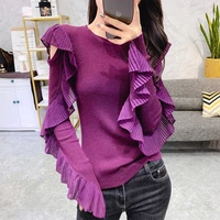 autumn and winter new slim sweater womens fashion round collar in black off shoulder ruffles long sleeve sweater womens top