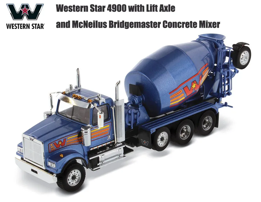 

2021 NEW DM Western Star 4900 with Lift Axle and McNeilus Bridgemaster Concrete Mixer in Metallic Blue 1/50 Scale By Diecast