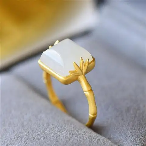 

Natural Hetian Jade Bamboo White Jade Ring S925 Sterling Silver Inlaid Simple Craft Bamboo Jasper Open Mouth Ring for Women