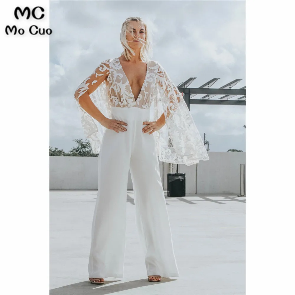 Иллюзия Комбинезоны Длинные Выпускные платья с длинным рукавом аппликацией