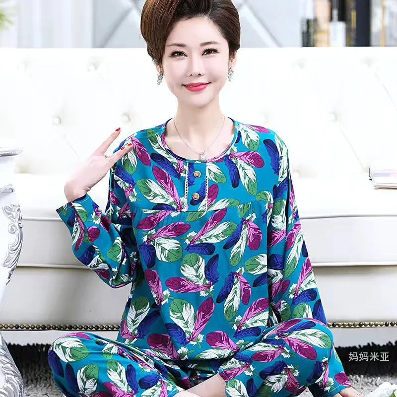 Fdfklak L-5XL Women's Pajamas Set New Printed Cotton Sleepwear Loose Plus Size Long Sleeve Pant 2 Piece Mother's Home Clothes
