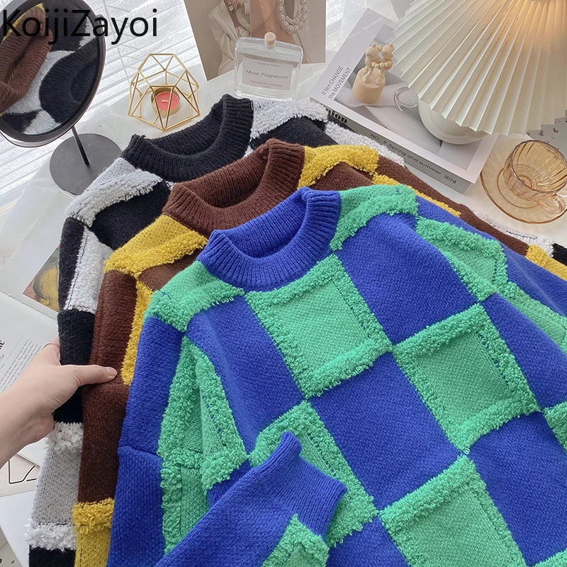 

Женский свободный свитер в клетку с длинным рукавом и круглым вырезом