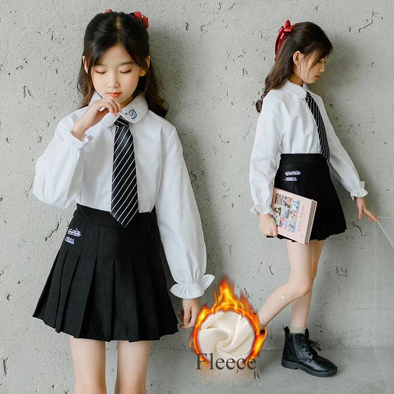 

Униформа для девочек, школьный комплект, Зимняя Теплая Флисовая детская одежда, утепленная белая рубашка и юбка, костюм из двух предметов, д...
