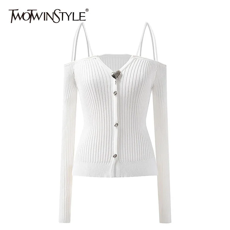 

Женский винтажный свитер TWOTWINSTYLE, вязаный свитер с v-образным вырезом и длинным рукавом, осень 2021