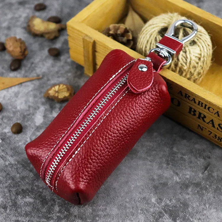 Бургундия Genuine Leather Car Key Protection Case Men Keychain Coin Purse Casual Housekeeper Holders Zipper Key Covers Wallet Unisex - Цвет: Бургундия