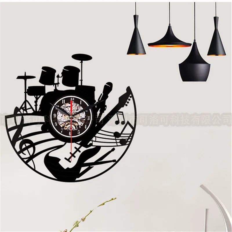 3d гитарные барабаны настенные часы современный дизайн силуэт нот музыка