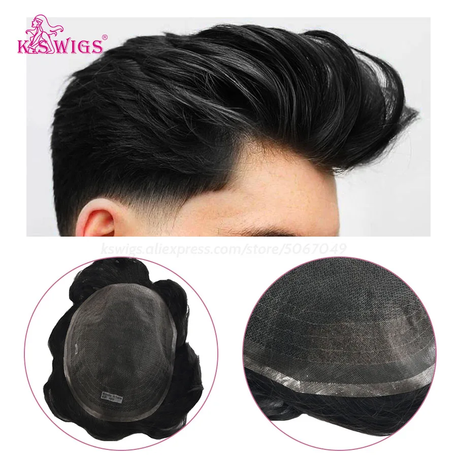 K.S WIGS French Lace Mono Toupee Men Capillary Prosthesis Replacement System Natural Hairpieces Indian Human Hair Men's Wigs