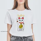 Милые, миленькие в японском стиле (Каваий), Japacese Lucky Cat Лето для женщин футболки Harajuku манэки-нэко  принтовые тройники Femme уличная футболки из ткани премиум-класса