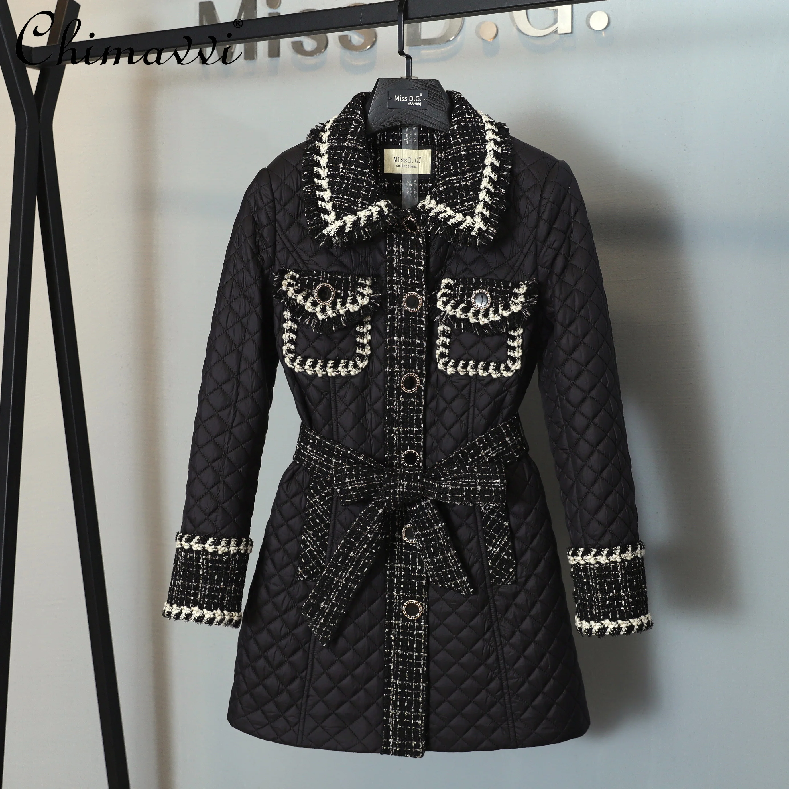 

New Fashion Elegant Office Lady Slimming Black Woolen Coat Women 2021 Winter High Street Tweed Patchwork Mid-Length Wool&blends