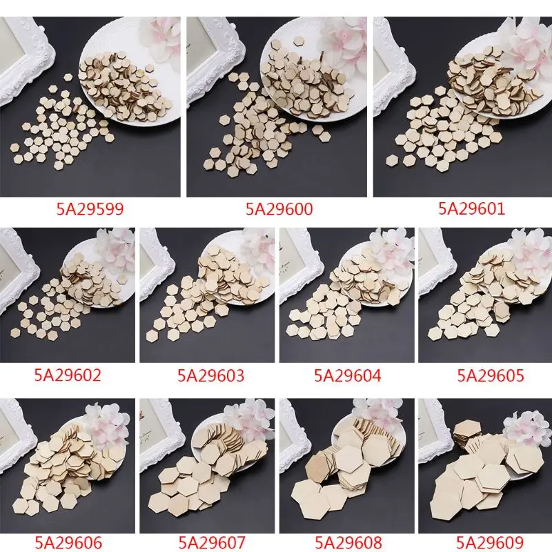 

50pcs Hexagon Cut Unfinished Wooden Discs Embellishments Arts Crafts DIY Birthday Wedding Display Decor 50mm P82C