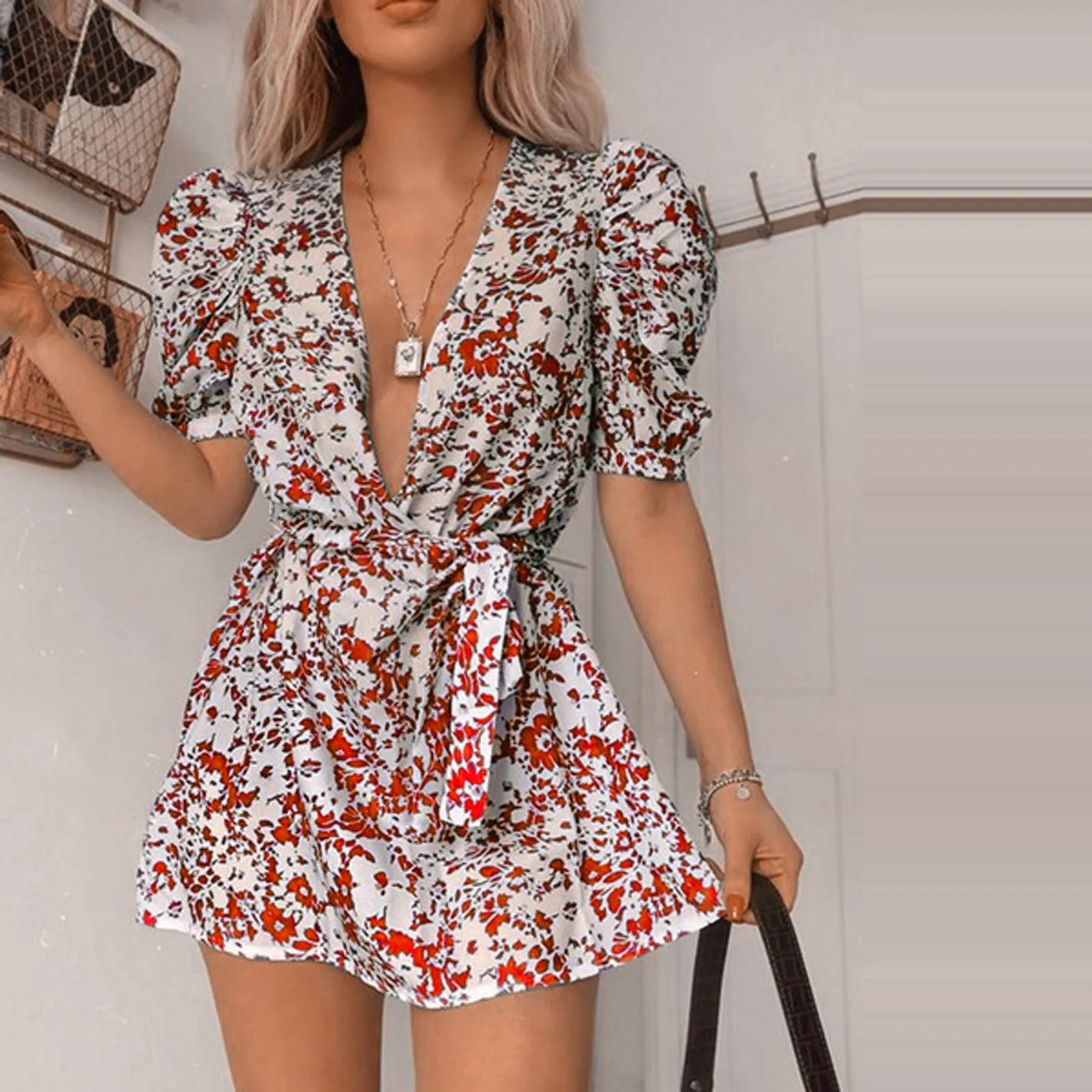 

Sexy Puff Sleeve Summer Dress Women 2022 Casual Deep V-Neck Floral Print Lace Up Mini Dress Beach Fashion Slim Dress Party