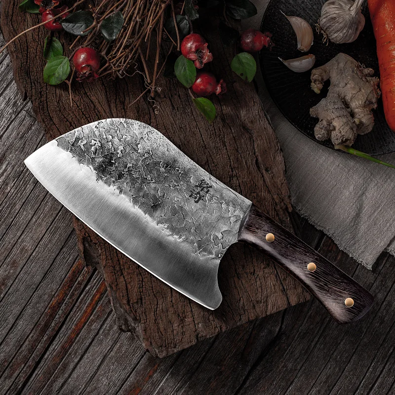 

Traditional Handmade Forged Kitchen Knife Hammer Stainless Steel Chef's Chopper Cooking Knives Wooden Meat Slicer Butcher Knife