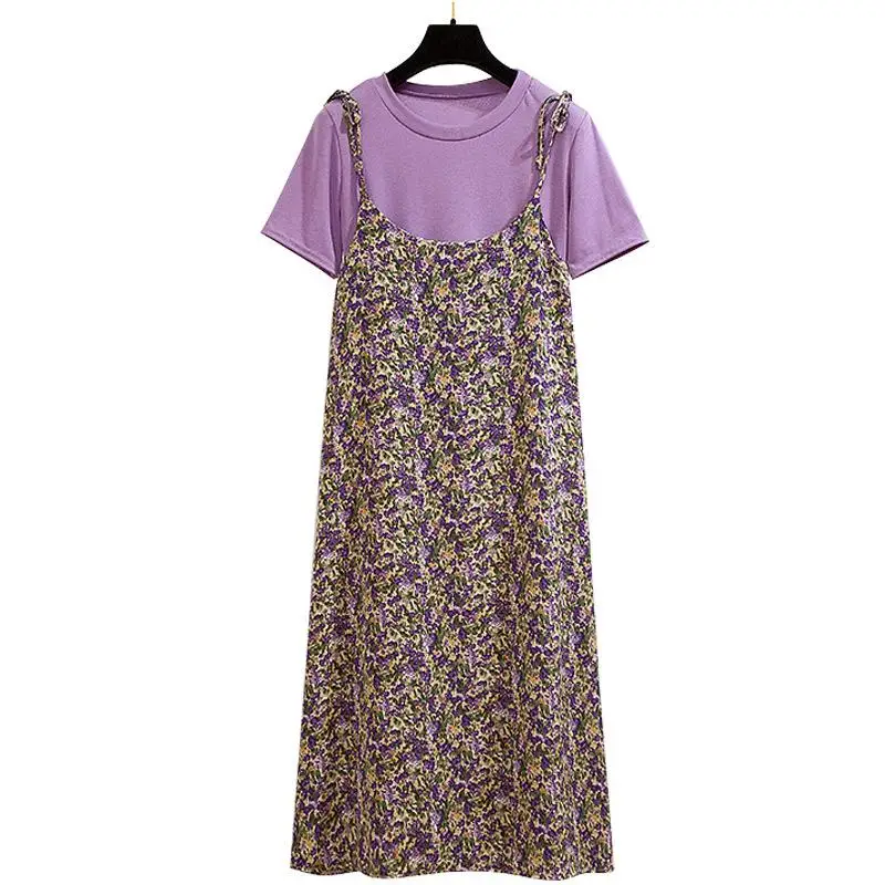 

ICHOIX Korean Style Women 2 Piece Set Dress Casual Floral Chiffon Dress elegant T-Shirt Two Piece Outfits Summer Set Clothing