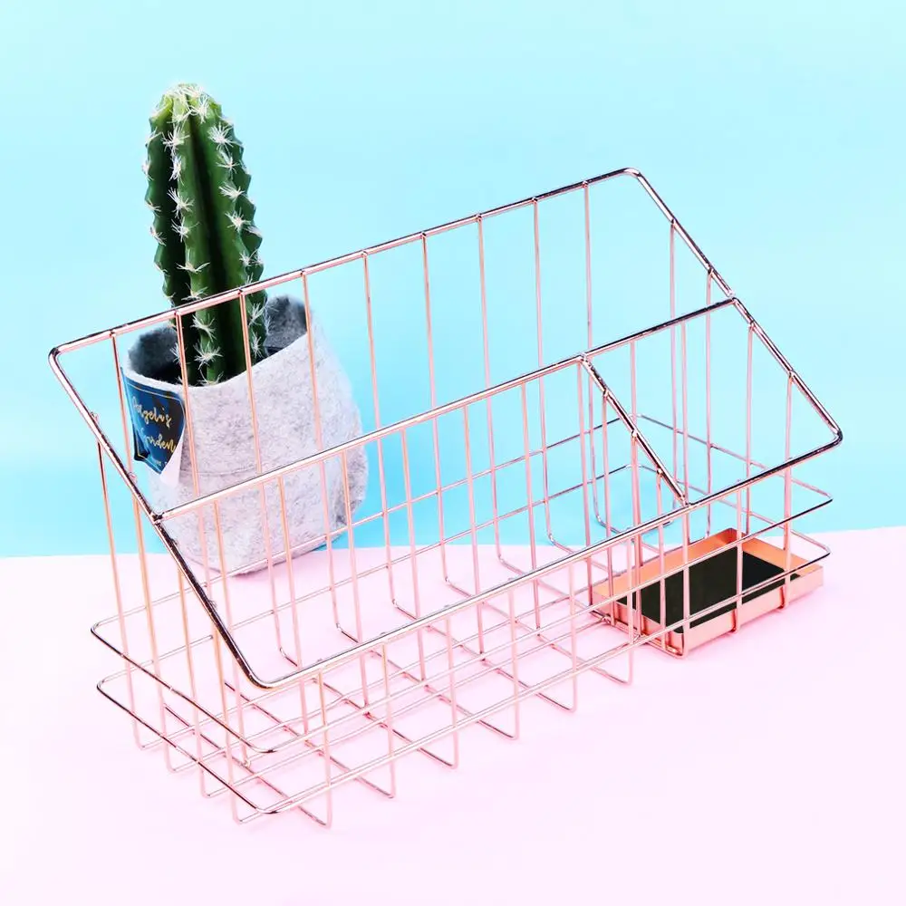 

Rose Gold Metal Storage Basket Office Table Book Pen Finishing Basket Scandinavian Kitchen Seasoning Bottle Organizer Rack