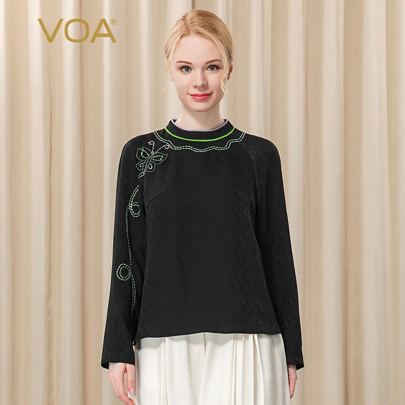 Футболка VOA BE233 черная жаккардовая шелковая с длинными рукавами асимметричной