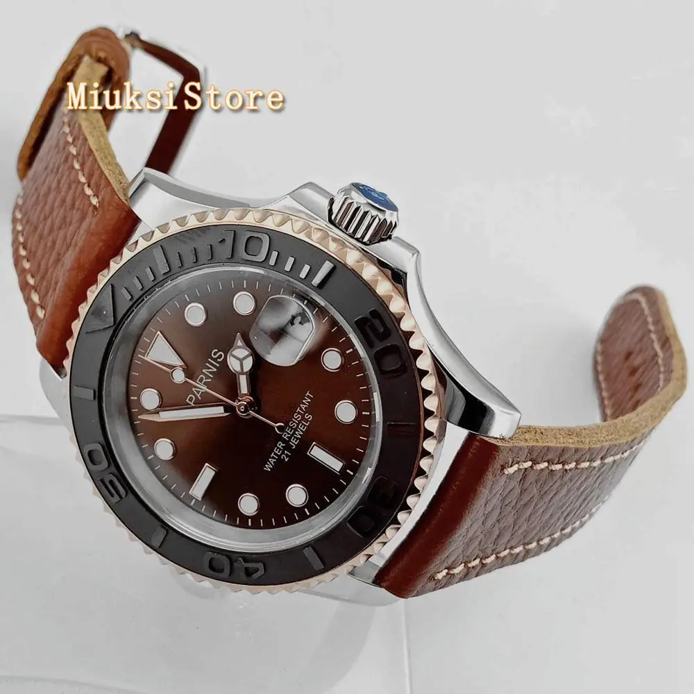 Роскошный бренд Parnis 41 мм сапфировое стекло коричневый циферблат Керамическая