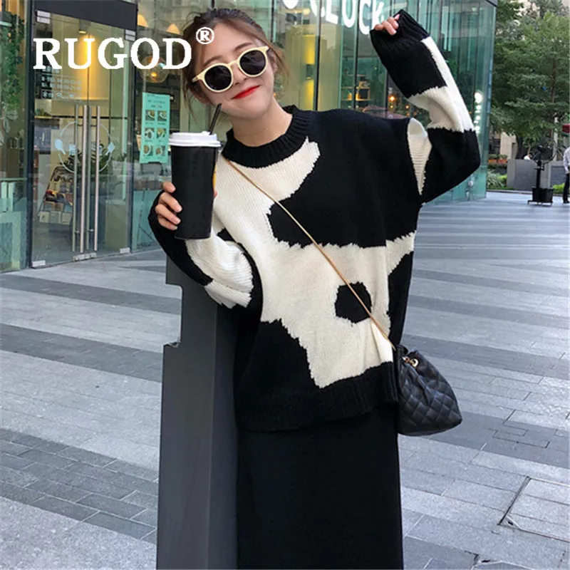 Женский пуловер с круглым вырезом RUGOD черно-белый свободный толстый вязаный