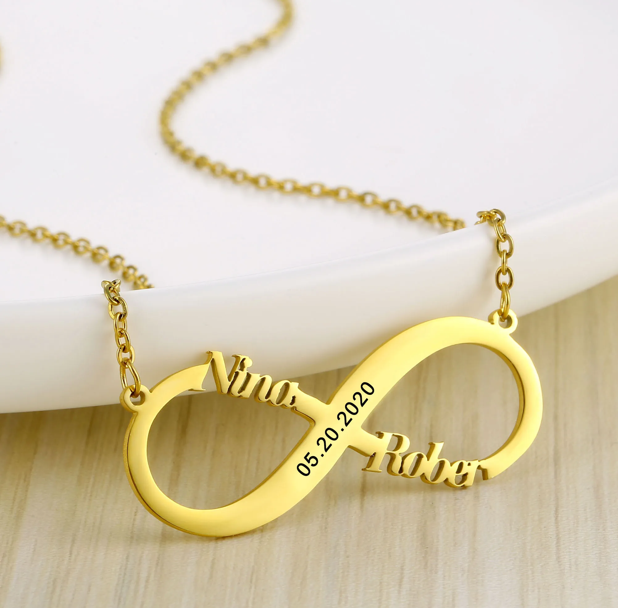 Кастомное Имя Колье Бесконечность Золотая Нержавеющая Сталь Персонализированное Подвеска Украшение Для Дня Рождения и Годовщины Подарки.