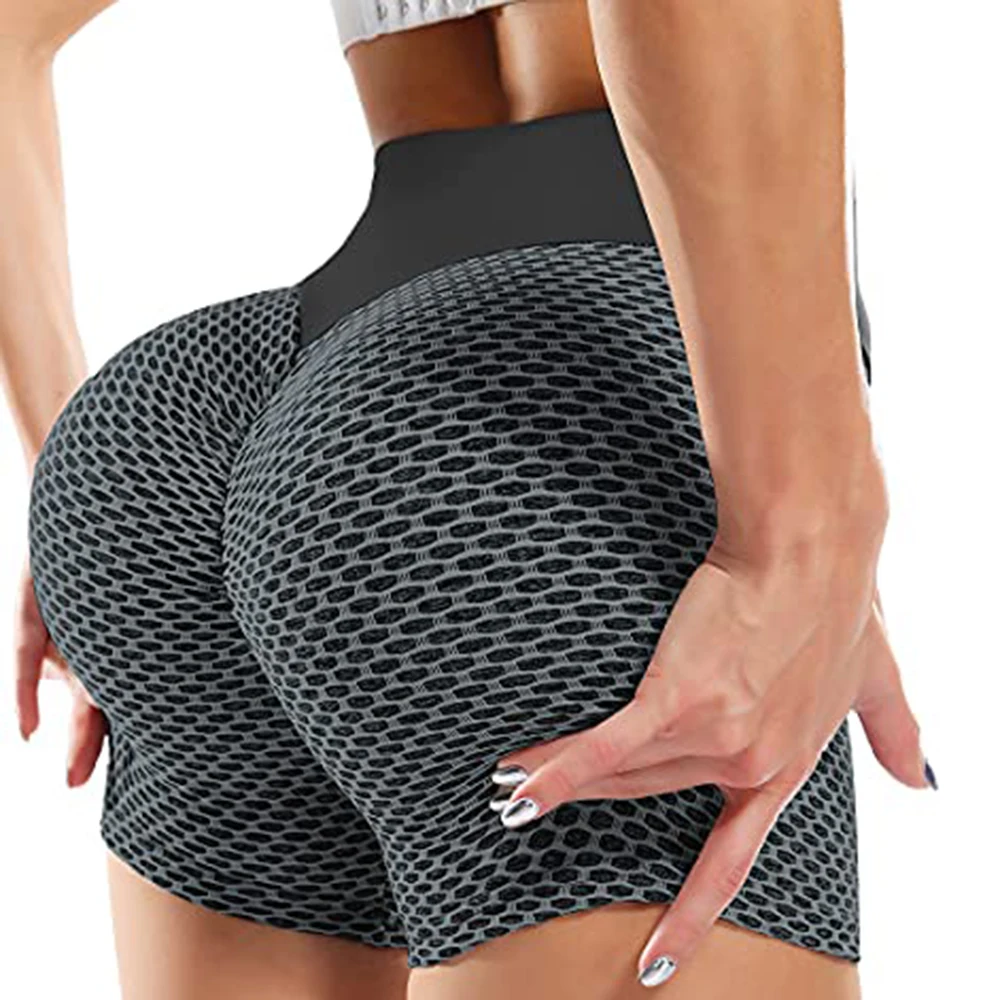 

KIWI RATA High Waisted Butt Lifting Yoga Shorts for Women Tummy Control Textured Ruched Shorts Sports Gym Running Biker Shorts